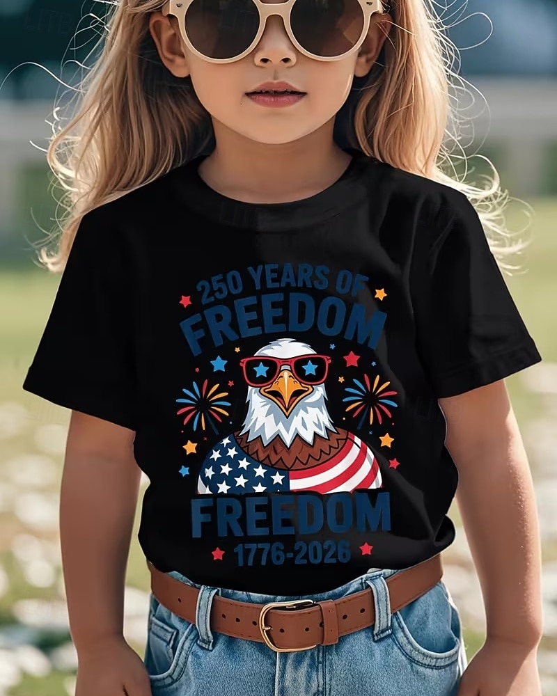 100% Baumwolle Kinder Mädchen Schwarz Grafik Adler 250-jähriges Jubiläum Amerikanische US-Flagge für Kinder T-Shirt Rundhalsausschnitt Kurzarm Täglich Streetwear Aktiv Urlaub Lässig Drucken Sommer 2026 - $18.99 –P1