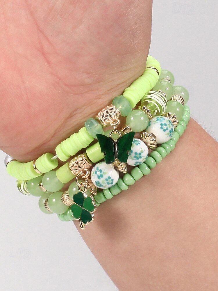 Conjunto de pulseiras femininas para o Dia de São Patrício, pulseiras empilháveis de várias voltas com contas verdes, estilo trevo da sorte, materiais de liga metálica e cristais sintéticos, joias festivas irlandesas para mulheres. de 2026 por $9.99 –P2