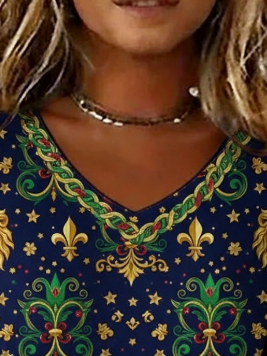 Απόκριες Γυναικεία Μπλουζάκι Στάμπα Γραφική Βίντατζ Καθημερινό Κοντομάνικο Λαιμόκοψη V Κανονικά μπλουζάκια Καθημερινά Σαββατοκύριακο Ρούχα διακοπών Βαθυγάλαζο Καλοκαίρι Άνοιξη 2026 - $19.49 –P2