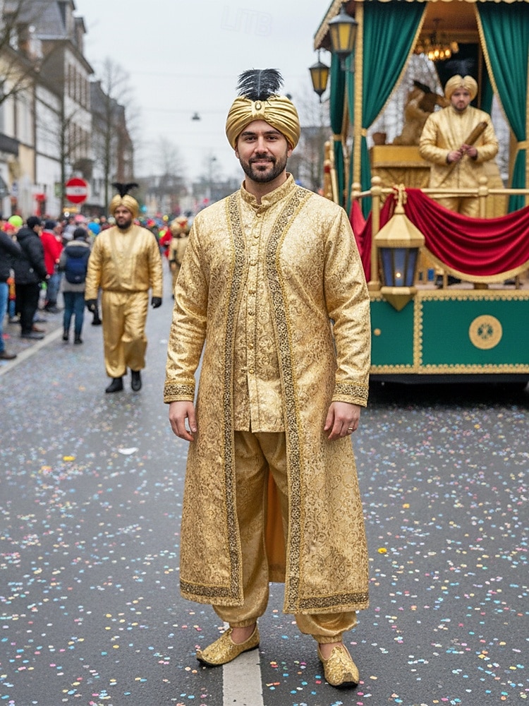 Pánský zlatý metalický polyesterový klobouk na Mardi Gras s peřím a broží - princ sultán nebo arabská pokrývka hlavy pro karneval a maškarní akce 2026 - $14.99 –P2