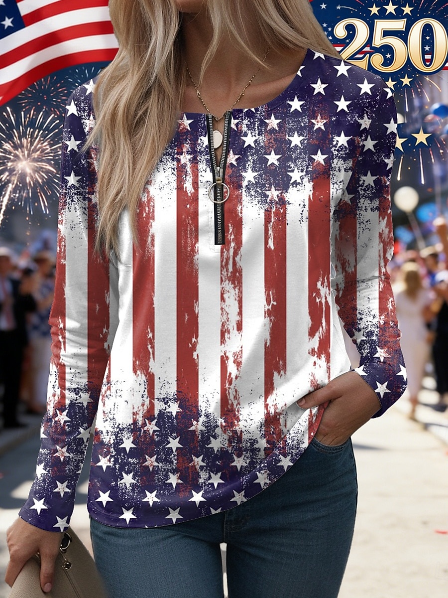 T-shirt blu con grafica patriottica per il Giorno dell'Indipendenza anniversario americano maniche lunghe collo rotondo bandiera moda stilosa casual abbigliamento quotidiano stampa con zip estate del 2026 a $25.99 –P3