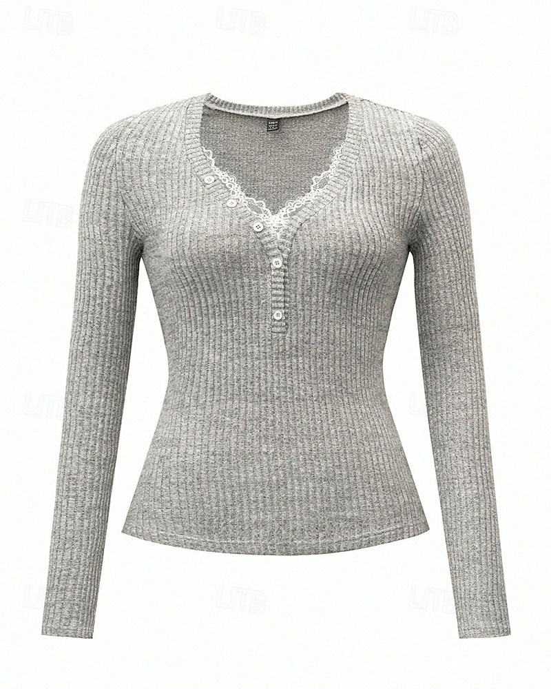 Per donna Blusa Pizzo Patchwork Bottoni Tinta unica Elegante Moda Sexy Manica Lunga Scollo a V Top Regolari Quotidiano Uscire Weekend Nero Grigio chiaro Autunno del 2026 a $25.99 –P5