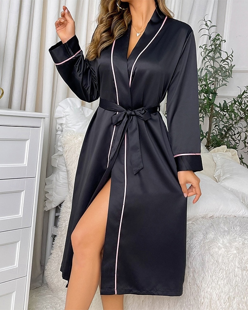 Mulheres manto Casual Macia Seda Retalhos Cordões Patchwork Diário Casa De Cama Manga Longa Decote V Preto Rosa Vermelho Cáqui Verão Ajuste Largo de 2026 por $26.99 –P2