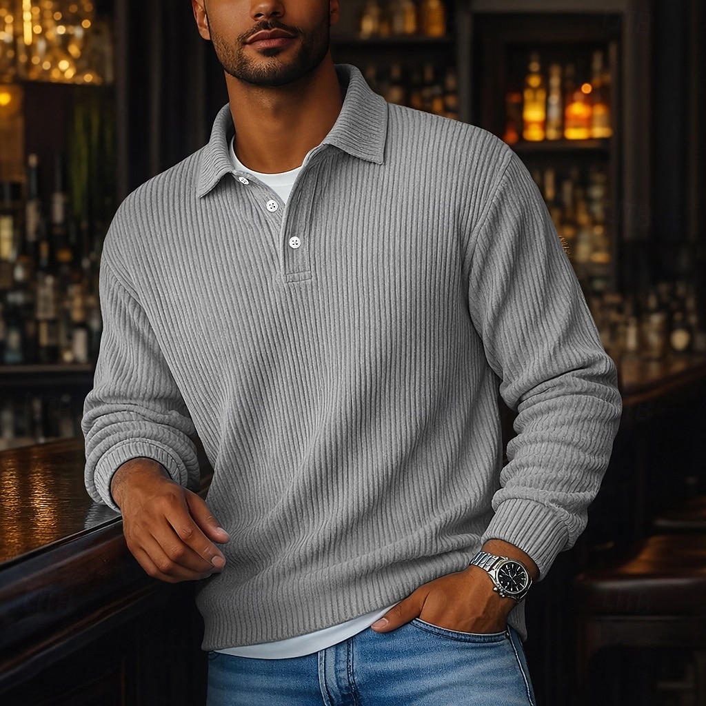 Homens Camiseta de Veludo Textura Casual Esportes Lapela Manga Longa Moda Básico Bloco de cor Botões Estriado Outono Primavera & Outono Outono & inverno Normal Preto Azul Marinha cáqui Cinzento Azul de 2026 por $25.99 –P10