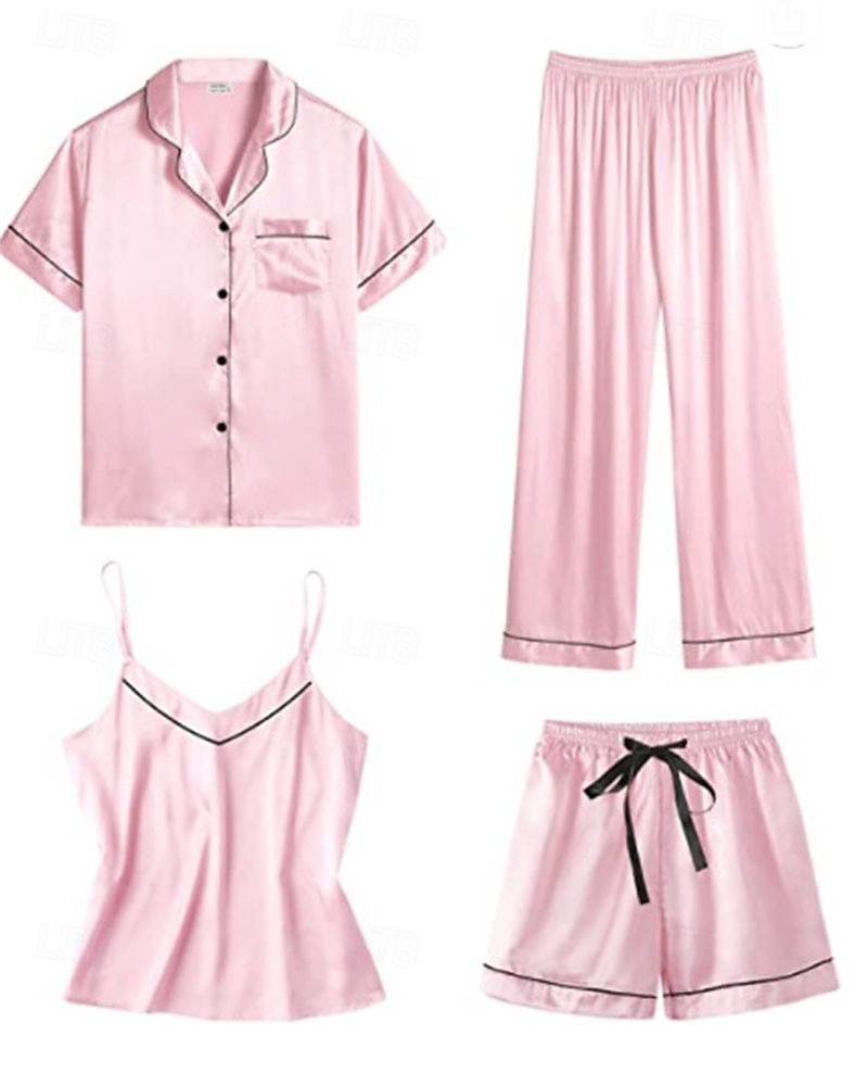 Dames Pyjama Loungewear Pyjamaset Warm Modieus Casual Heldere kleur Elastische taille Pantalon Korte broek Huis Vakantie Straat Lange mouw Overhemdkraag Zwart Wit Blozend Roze Marine Blauw Herfst 2026 - $32.99 –P3