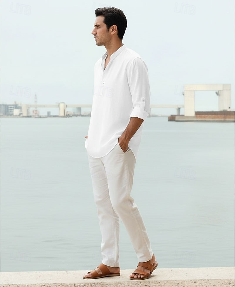 Per uomo Camicia Camicia di lino Camicia Estiva Camicia da Spiaggia Semplice Vacanza Camicia hawaiana Blu Nero Bianco Rosa Manica Lunga Collo alla coreana Primavera & Estate Abbigliamento Base del 2026 a $22.99 –P6