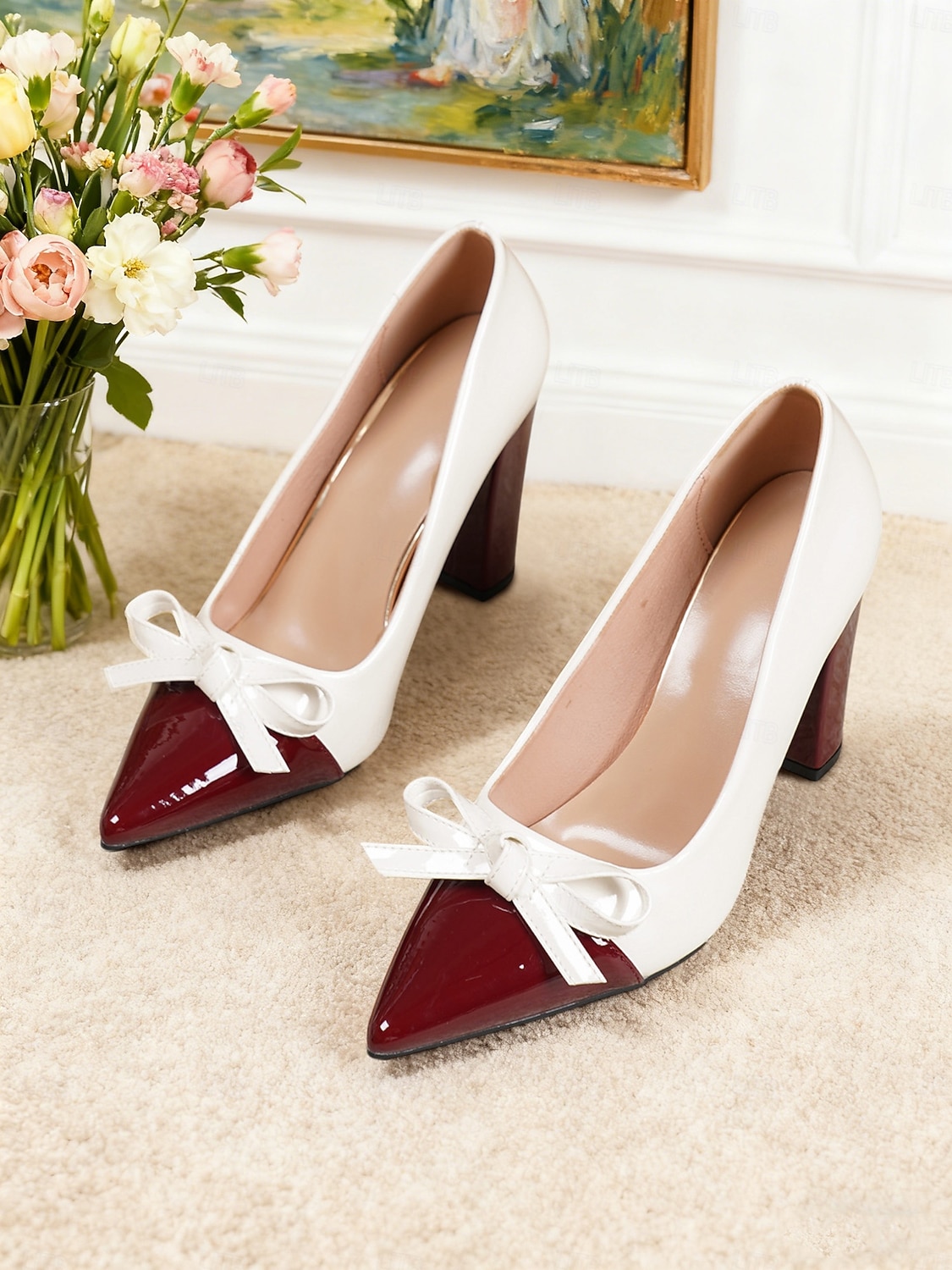 Dames tweekleurige groene en witte blokhak pumps - spitse neus met strikdetail, vintage chique stijl schoenen uit de jaren 50 voor werk, feestjes en dagelijkse outfits 2026 - $54.99 –P6