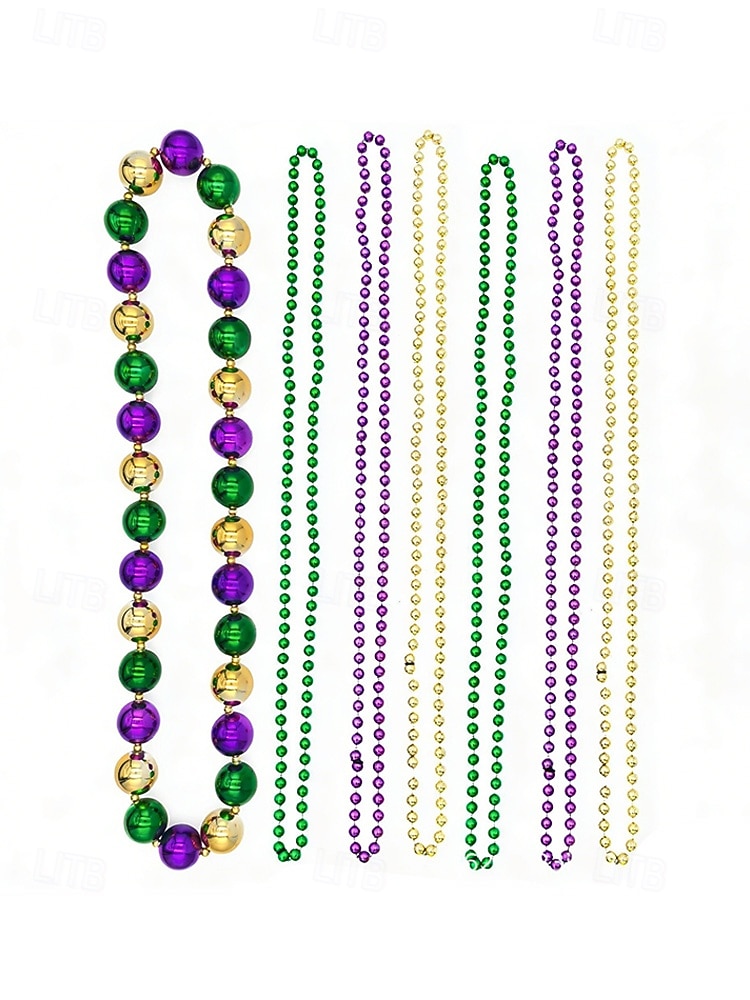 Dámská sada plastových náhrdelníků s korálky na Mardi Gras - barevné zelené fialové a zlaté perfektní pro karnevalové a maškarní párty 2026 - $14.99 –P8