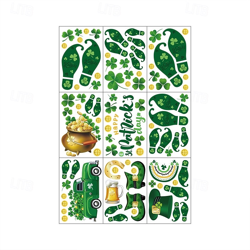 9 feuilles d'autocollants pour fenêtre sur le thème de la Saint-Patrick : trèfles, empreintes de chaussures de lutin, pièces d'or (autocollants statiques), décorations pour vitres sur le thème d'une de 2026 ? $10.99 –P7