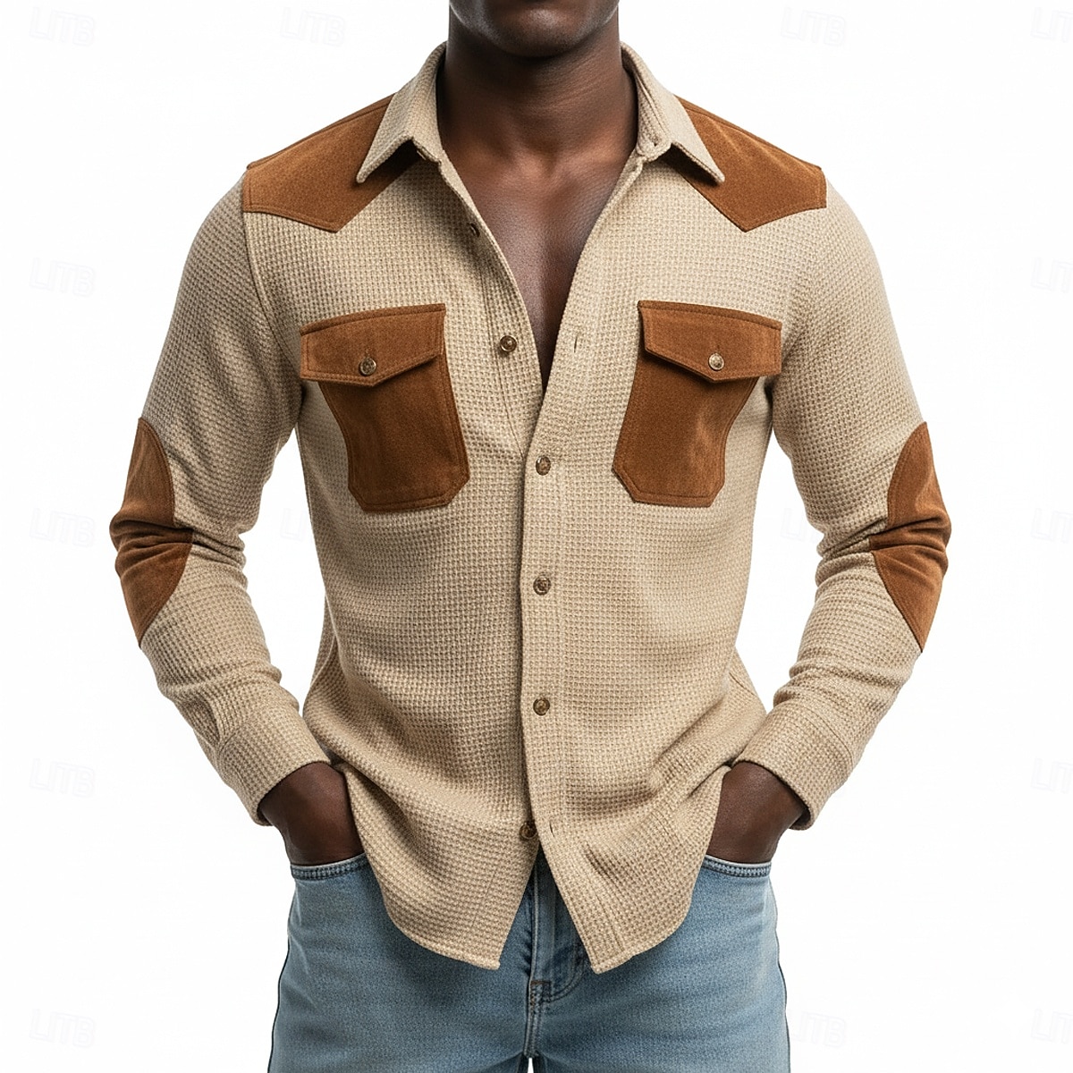 Men's Shirt Waffle Shirt Casual Shirt Vintage Shirt Button Up Shirt Cargo Shirt Black khaki Long Sleeve Color Block Lapel Casual Daily Patchwork Clothing Apparel Fashion Casual Vintage Retro 2026 - $29.99 –P1