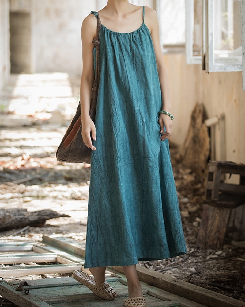 Women's Midi Dress Cotton Linen Dresses Shift Dress Sundress Slip Dress Vintage Fashion Daily Outdoor Vacation Loose Fit Plain Sleeveless Straps Blue Teal White Yellow Summer Spring 2026 - $49.99 –P18