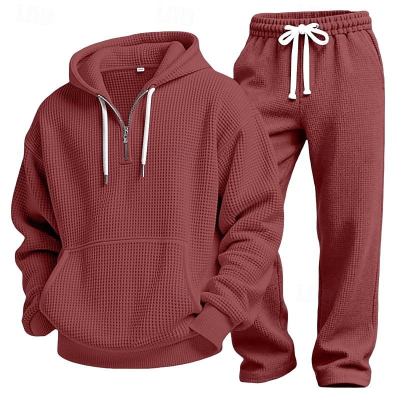 Homens Moletom Moletons Waffle Moletom com capuz e calças Conjunto Capuz Diário Ao ar livre Férias Roupa Diária Com Cordão Half Zip Tecido Vermelho Vinho Preto Branco Roupas Esportivas Esportes Moda de 2026 por $60.99 –P5