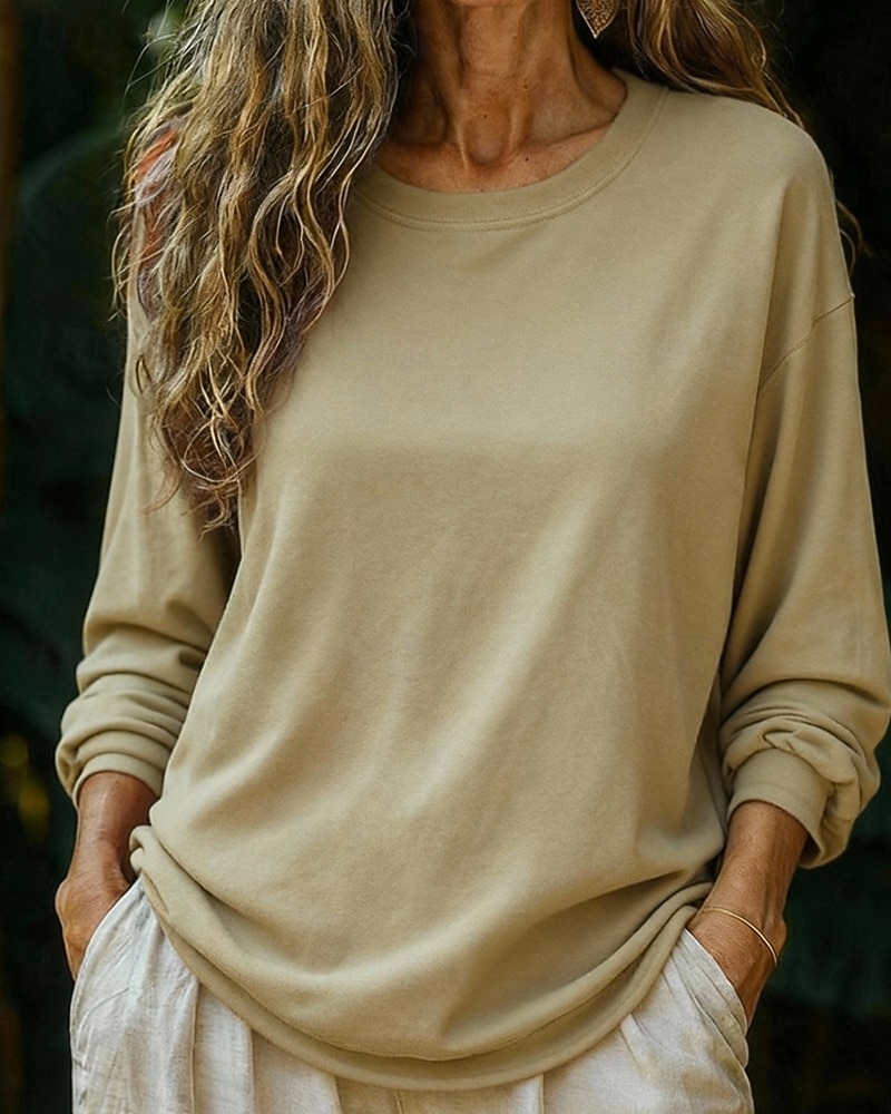 Women's T Shirt Solid Color Casual Long Sleeve Crew Neck Regular Tops Daily Going out Weekend Blue Pink Sky Blue Khaki Spring Fall 2026 - $16.49 –P1