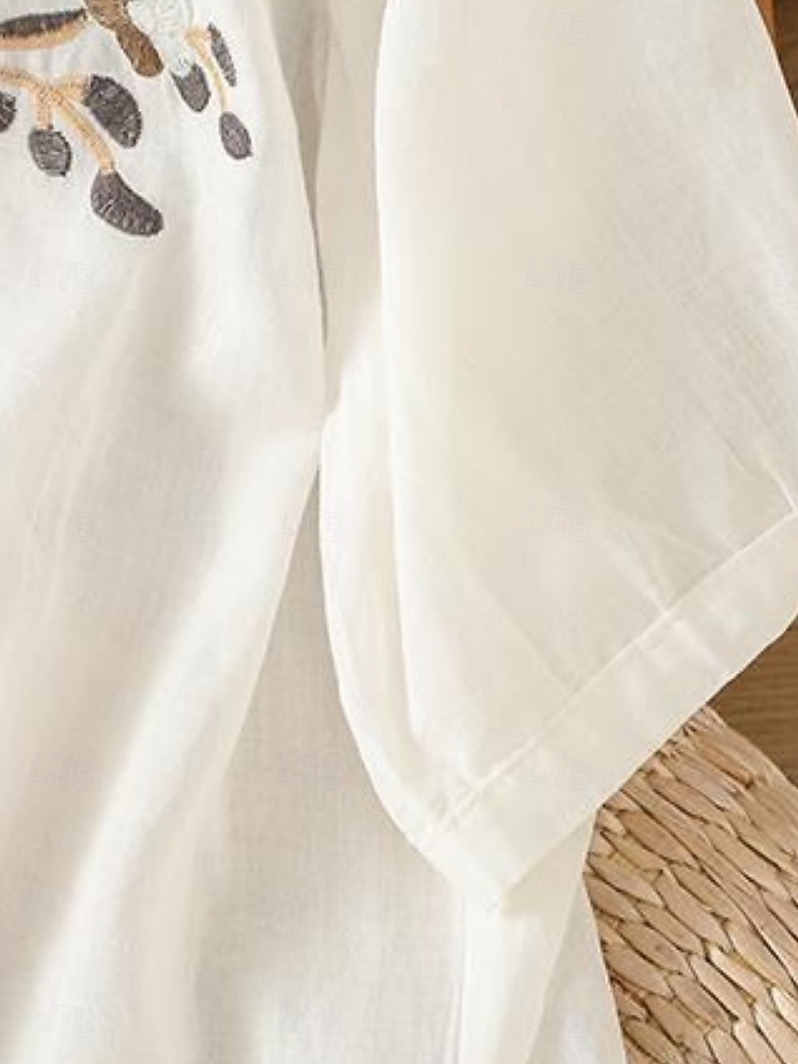 Mujer Blusa Lino de algodón sintético Frunce Bordado Floral Elegante Casual Manga 3/4 Cuello Barco Tops regulares Diario Azul Piscina Blanco Rosa Morado Verde Trébol Verano Primavera 2026 - $19.99 –P4