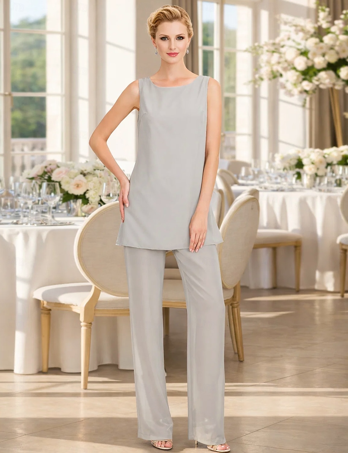 Traje de pantalón Traje de 3 piezas Hasta el Suelo Vestido de Madrina Sin Mangas Barco de cuello Elegante Talla Grande Bolero incluido Invitado a la boda Gasa Vestidos de chaqueta con Un Color 2026 - $137.99 –P4