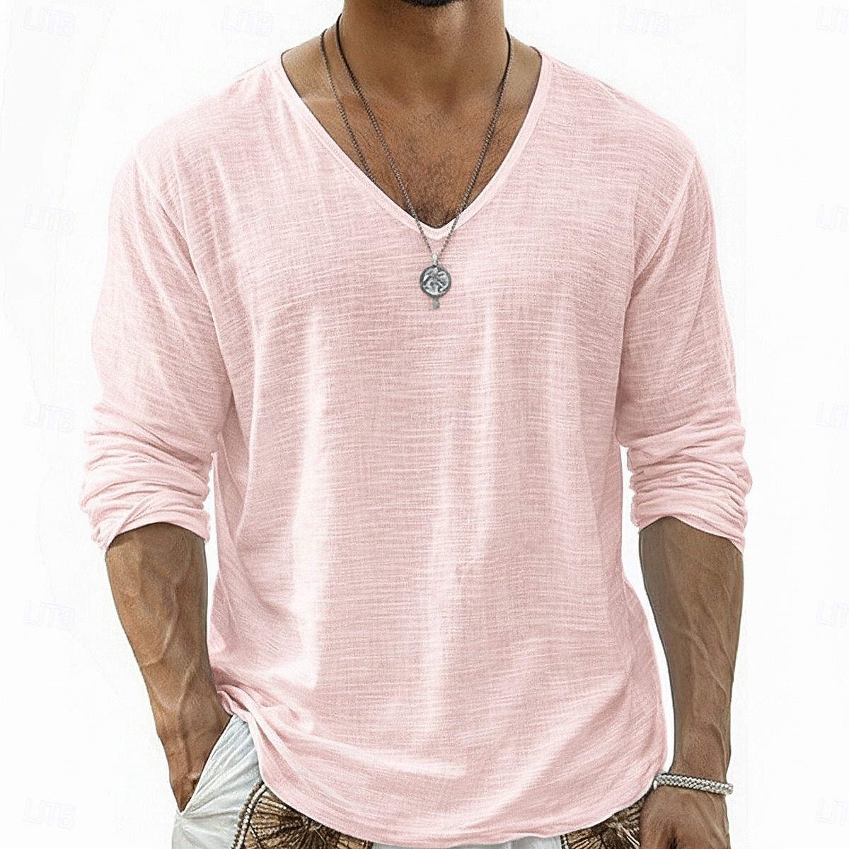 Муж. Футболка Футболка из льна Длинный рукав V-образный вырез Лето Весна Весна лето Сплошной цвет Полотняное плетение Повседневные На каждый день Уличный стиль Гладкая ткань 2026 - $20.99 –P7