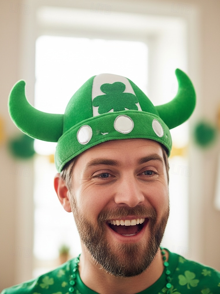 Herrehatt i vikinghorn til St. Patricks dag – myk plysjhjelm av kløver, grønt kostymetilbehør til irske parader og fester &festlige feiringer 2026 - $24.99 –P5
