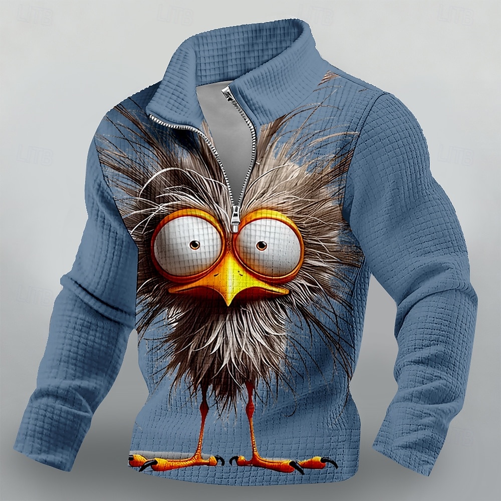 Sweat-shirt homme à col zippé, imprimé oiseau 3D aux grands yeux, maille gaufrée, manches longues, style décontracté, tailles S, M, L, XL, XXL, XXXL de 2026 ? $32.99 –P3