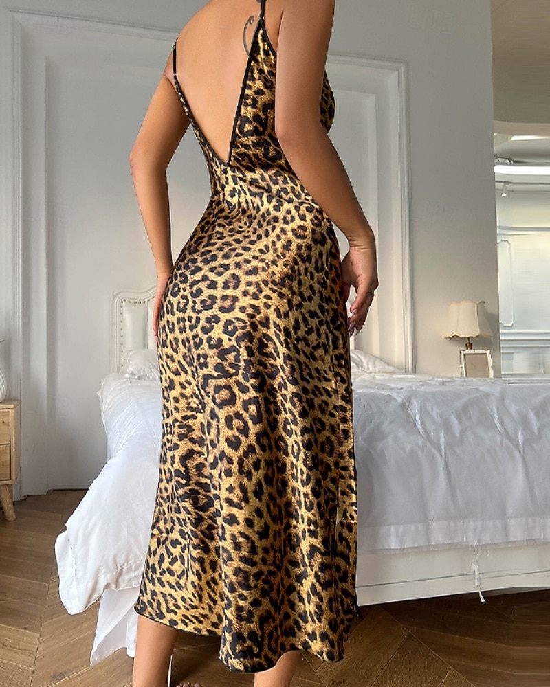 Per donna Camicia da Notte Casual Morbido Raso Leopardo Senza schiena Vestiti Quotidiano Casa Da letto Senza Maniche Spalline Nero Rosa Rosso Blu marino Marrone Estate Vestibilità regolare del 2026 a $22.99 –P5