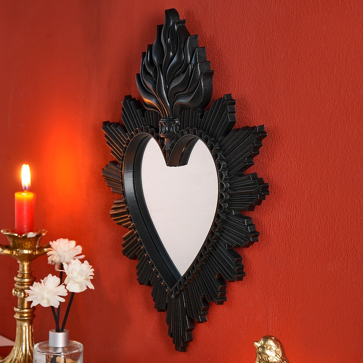 Wanddekor-Spiegel mit flammendem Herzmotiv, handgefertigter Hängeschmuck in Form eines flammenden Herzens, Wandkunst im europäischen Stil für Wohnzimmer, Schlafzimmer, Arbeitszimmer, religiöse 2026 - $33.99 –P5