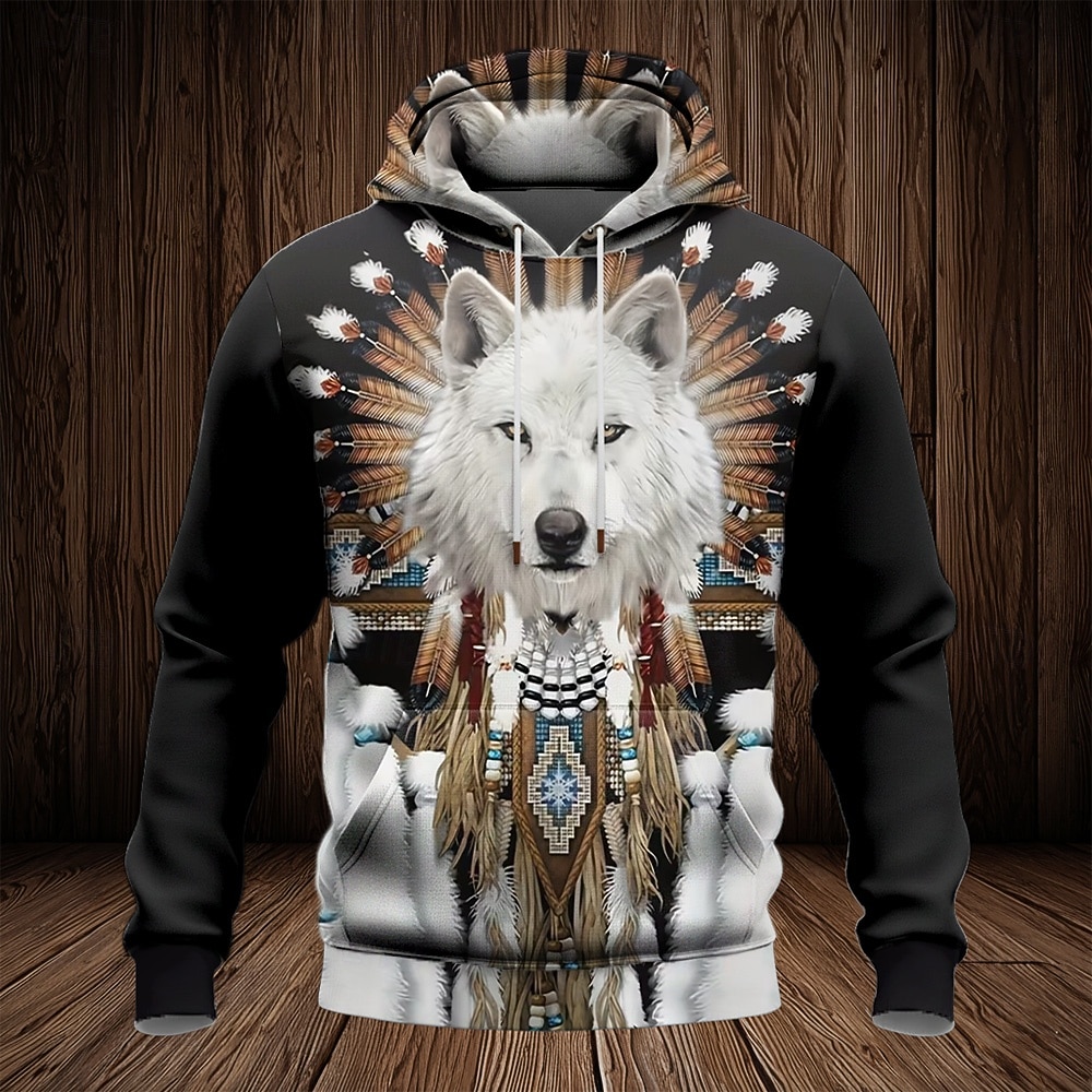 Per uomo Lupo Tribale Felpa con cappuccio Felpa Moda Etnico Vintage Retrò Manica Lunga Girocollo All'aperto Viaggio Feste Regalo Blu Marrone Coulisse Autunno Inverno progettista S M L XL XXL XXXL del 2026 a $32.99 –P1
