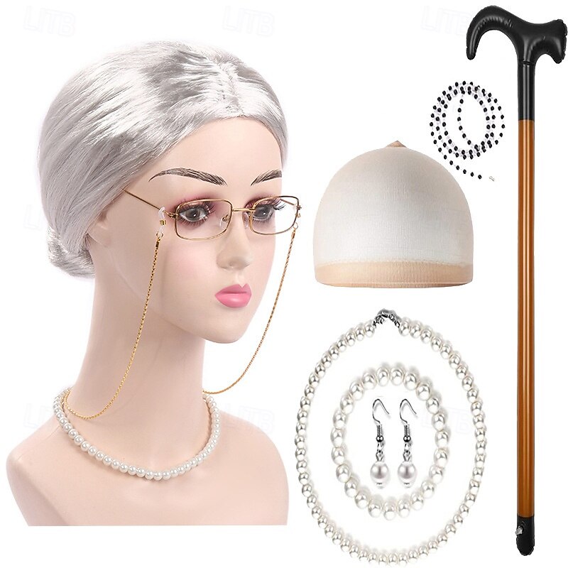 Peluca de anciana con rulos, collar de perlas, pendientes y bastón para mujeres y niñas, disfraz de abuela para cosplay de 100 días de escuela, accesorio para fiesta de Halloween 2026 - $27.99 –P10