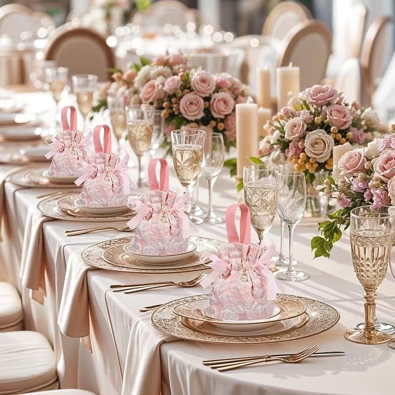 Lot de 6 élégants sacs cadeaux à cordon coulissant, à motif floral et poignées - rose pâle - parfaits pour les mariages, anniversaires, fêtes prénatales - fermeture sécurisée - idéaux pour les cadeaux de 2026 ? $16.99 –P6