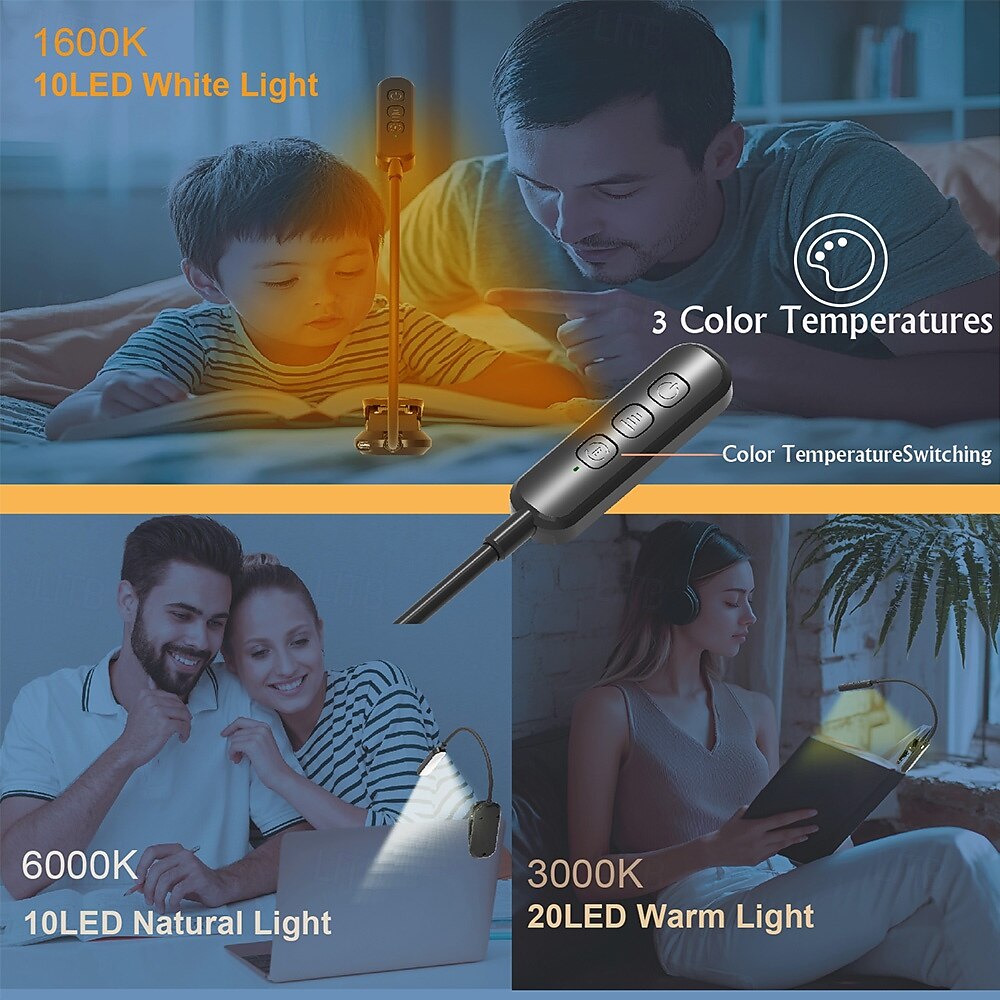 2026年 充電式読書灯。ベッドでの読書に最適。20個のLEDとメモリ機能付き。3つの色温度、5つの明るさレベル。フレキシブルなグースネック、軽量なクリップブック読書灯。  コレクション – $20.99 –P4