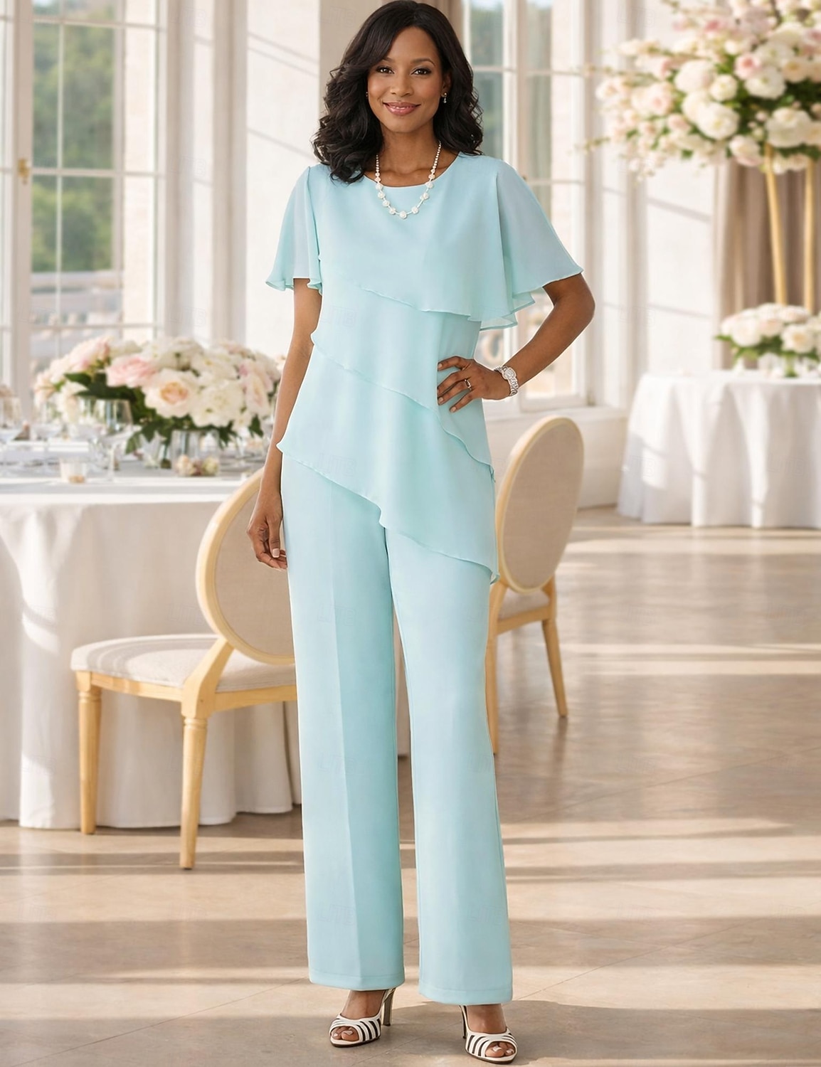 Duas Peças Terninho Longo Vestido Para Mãe dos Noivos Manga Curta Decorado com Bijuteria Elegante Tamanhos Grandes Convidado do casamento Chiffon com Babados em Cascata de 2026 por $153.99 –P4