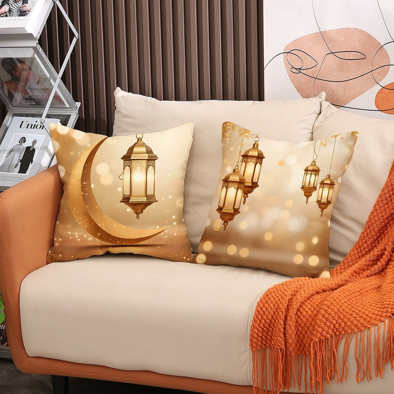 Ramadan Eid Throw Pillow Cover, Gold Crescent Moon & Oil Lamp Print, Ethnic Festival Decor, Sofa Cushion for Living Room and Prayer Room, Holiday Accent Pillow 2026 - $13.99 –P5