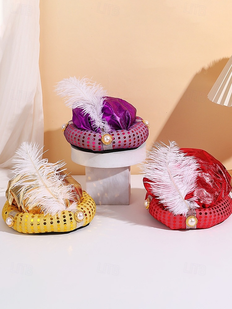 2026年 男性用カーニバルプリンススパンコールターバンキャップ | 多色、ポリエステル、羽根とパールアクセント付き | 仮装、ハロウィーン、祝祭のイベントに最適  コレクション – $11.99 –P3