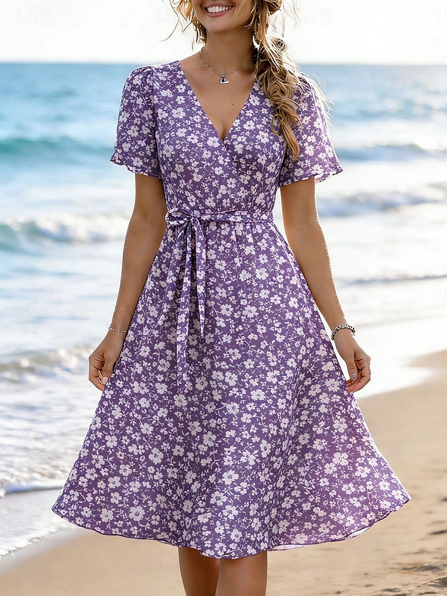 Women's Midi Dress Casual Dress A Line Dress Elegant Vacation Cute Holiday Date Regular Fit Floral Graphic Short Sleeve V Neck Blue Yellow Pink Purple Summer Spring Fall Winter 2026 - $29.99 –P5