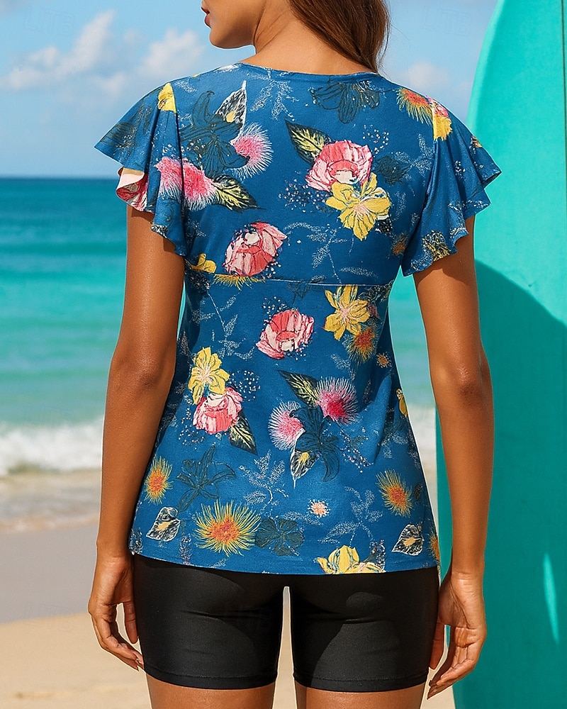 نسائي ثوب السباحة قطعتين لباس السباحة مطبوع V-neck كم واسع حماية UV مطاط كم قصير ملابس السباحة تزلج على الماء شاطئ سباحة الصيف 2026 - $22.99 –P2