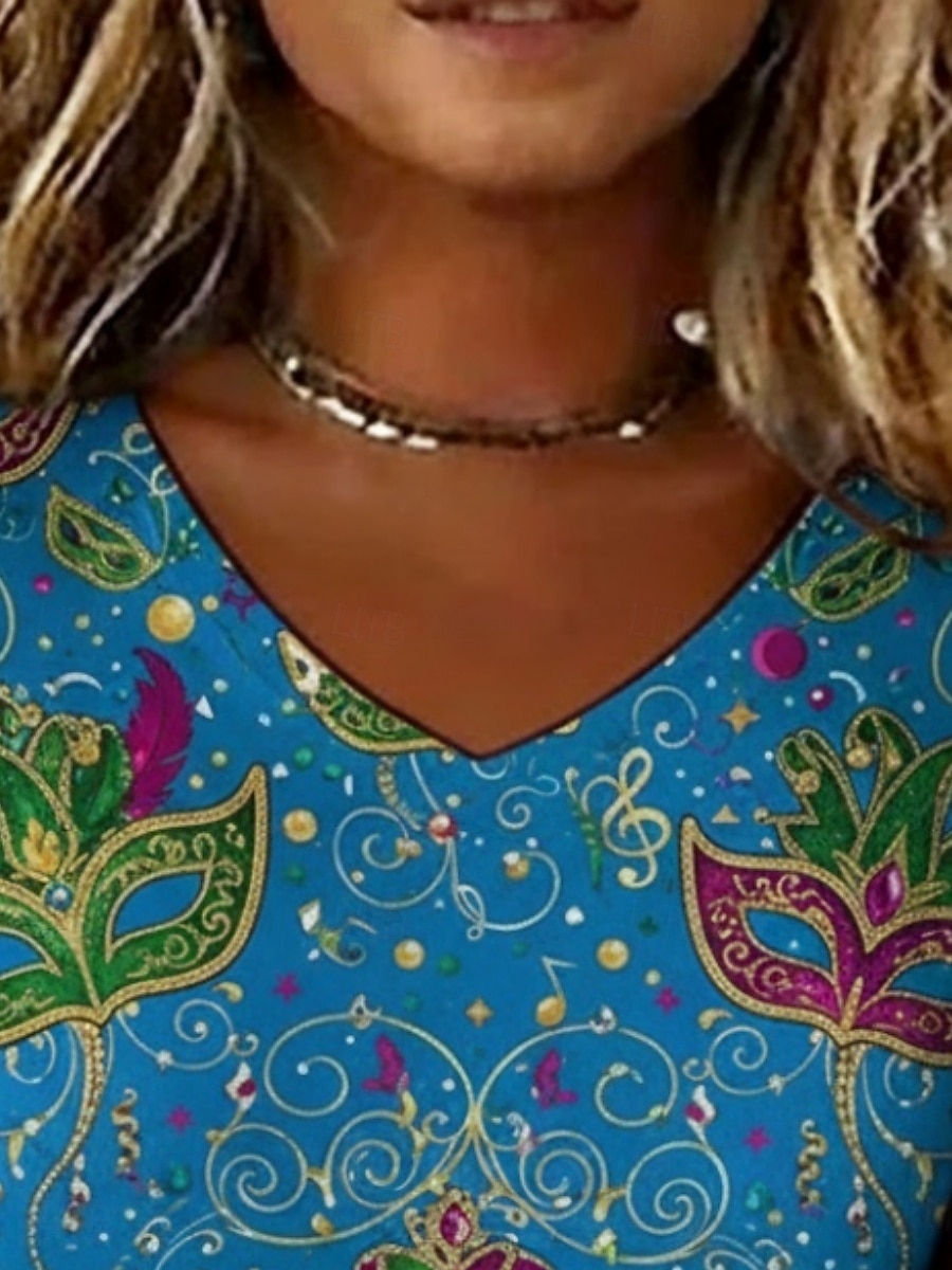 Karnival Damen T Shirt Druck Grafik Vintage Lässig Kurzarm V Ausschnitt Normale Oberteile Täglich Wochenende Urlaubskleidung Blau Sommer Frühling 2026 - $19.49 –P2