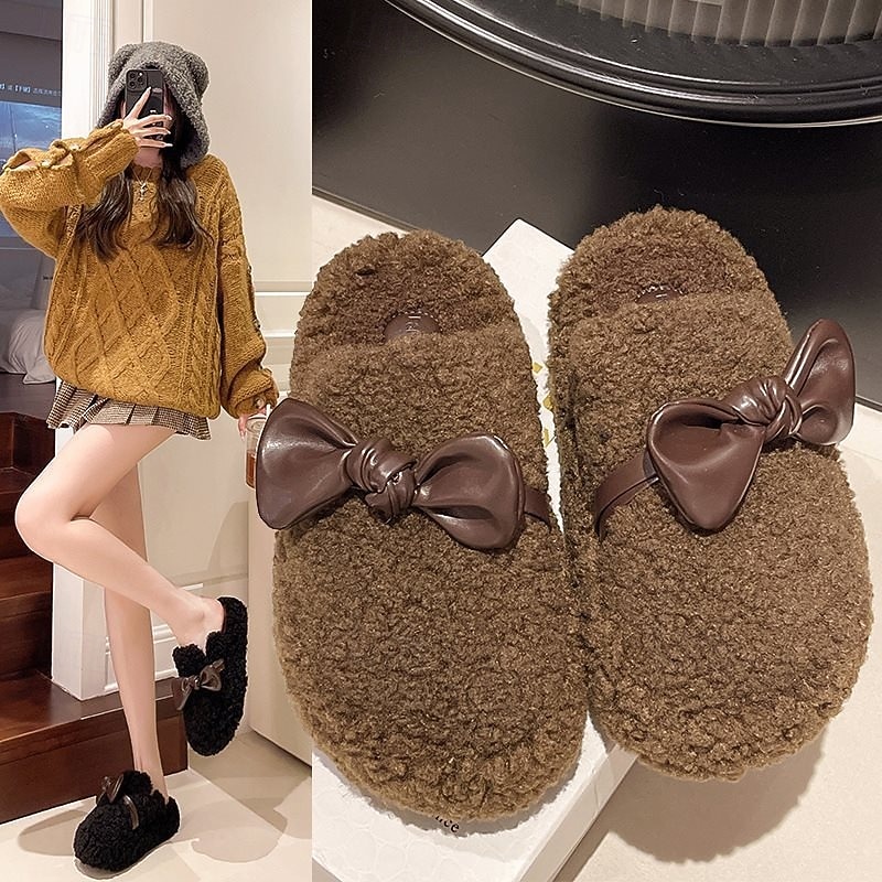Varme bomullstøfler med tykk såle og sløyfe, plysjtøfler med lukket tå for kvinner, innendørs og utendørs, pelskledde slip-on-sko med ekstra fleece 2026 - $18.99 –P1