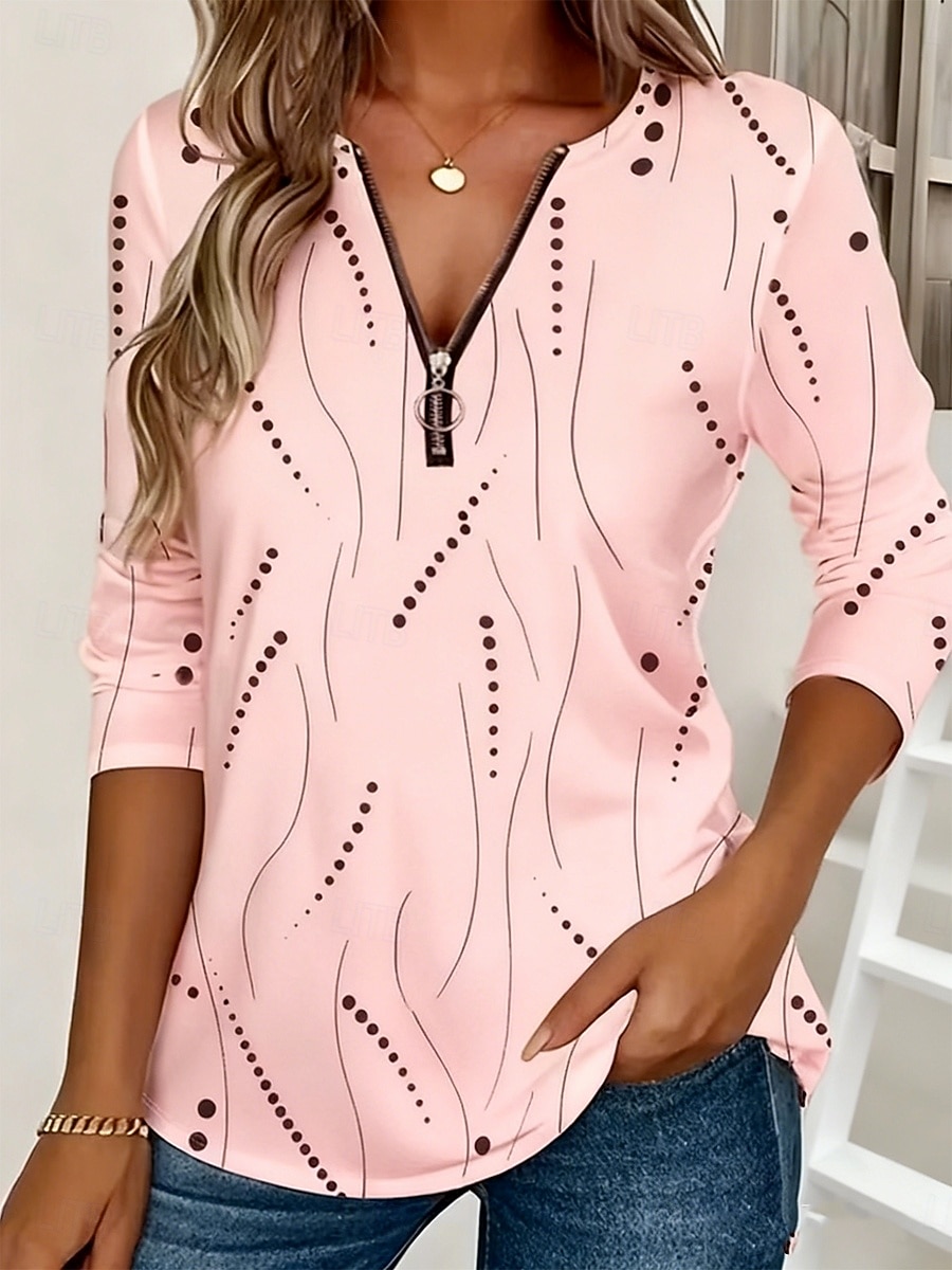 Dam T-shirt Dragkedja Mönster Grafisk Geometrisk Vintage Mode Stylish Långärmad Rund hals V-hals Vanliga toppar Dagligen Blå Vit Gul Rodnande Rosa Rubinrött Vår Höst Vinter 2026 - $25.99 –P6