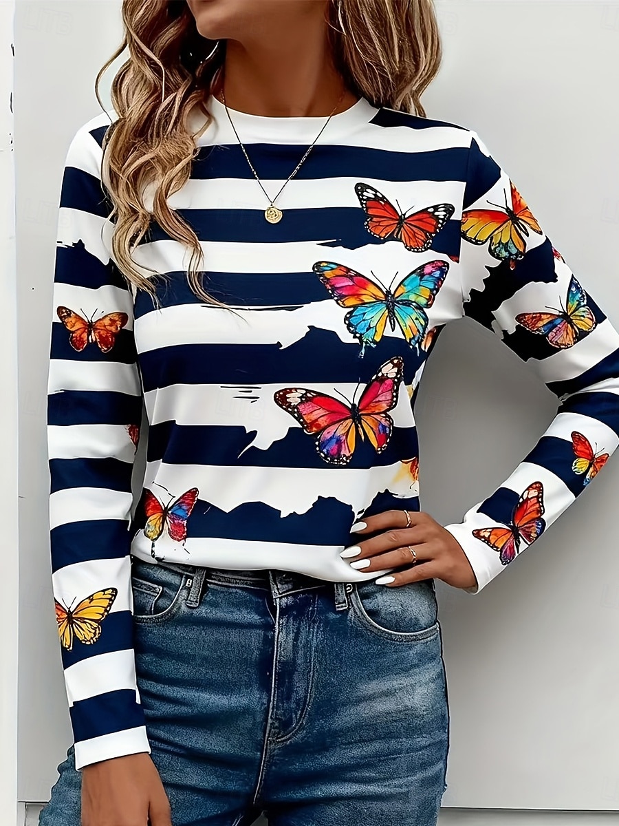 Mujer Camiseta Estampado Graphic Mariposa A Rayas Vintage Elegante Moderno Manga Larga Cuello Barco Tops regulares Diario Fin de semana Azul Piscina Amarillo Rojo Morado Otoño Invierno 2026 - $24.99 –P2