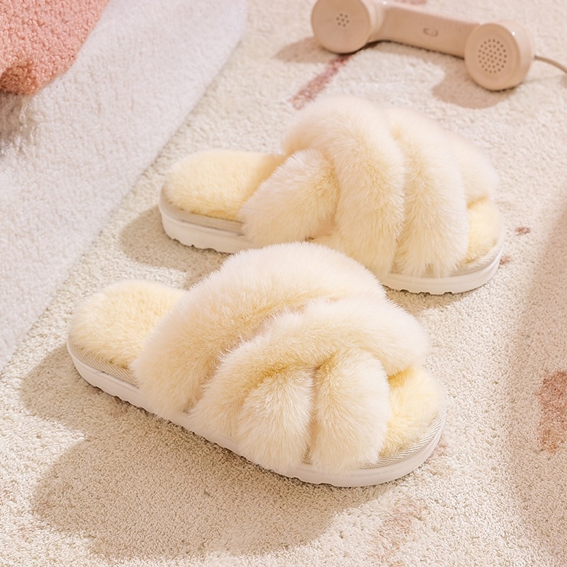 bomullstøfler for kvinner europeisk stil åpen tå plysj innendørs hjem myke pelskledde tøfler dopamindesign 2026 - $17.99 –P7