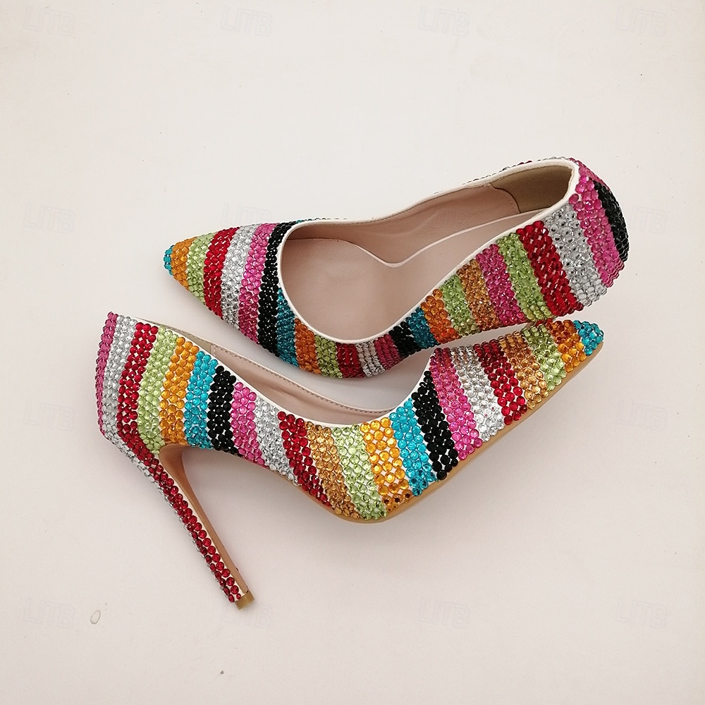Women's Multicolor Rhinestone High Heels - Sparkling Striped Pointed Toe Pumps for Parties, Celebrations, and Special Events 2026 - $79.99 –P1