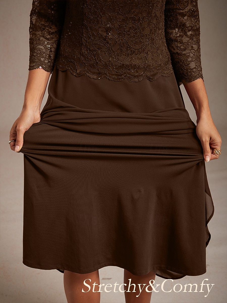 Per donna Abito Midi Vestito in Chiffon Abito a trapezio Elegante Ospite di nozze Cocktail party Allacciato Paillettes Vestibilità regolare Tinta unica Manica 3/4 Girocollo Caffè del 2026 a $103.99 –P3