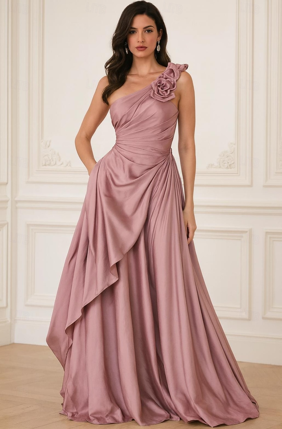 Corte A Hasta el Suelo Vestidos de noche Elegante Sedoso Sin Mangas Un Hombro Boda Formal Bolsillo Satén con Flores 3D Bolsillo 2026 - $182.99 –P1