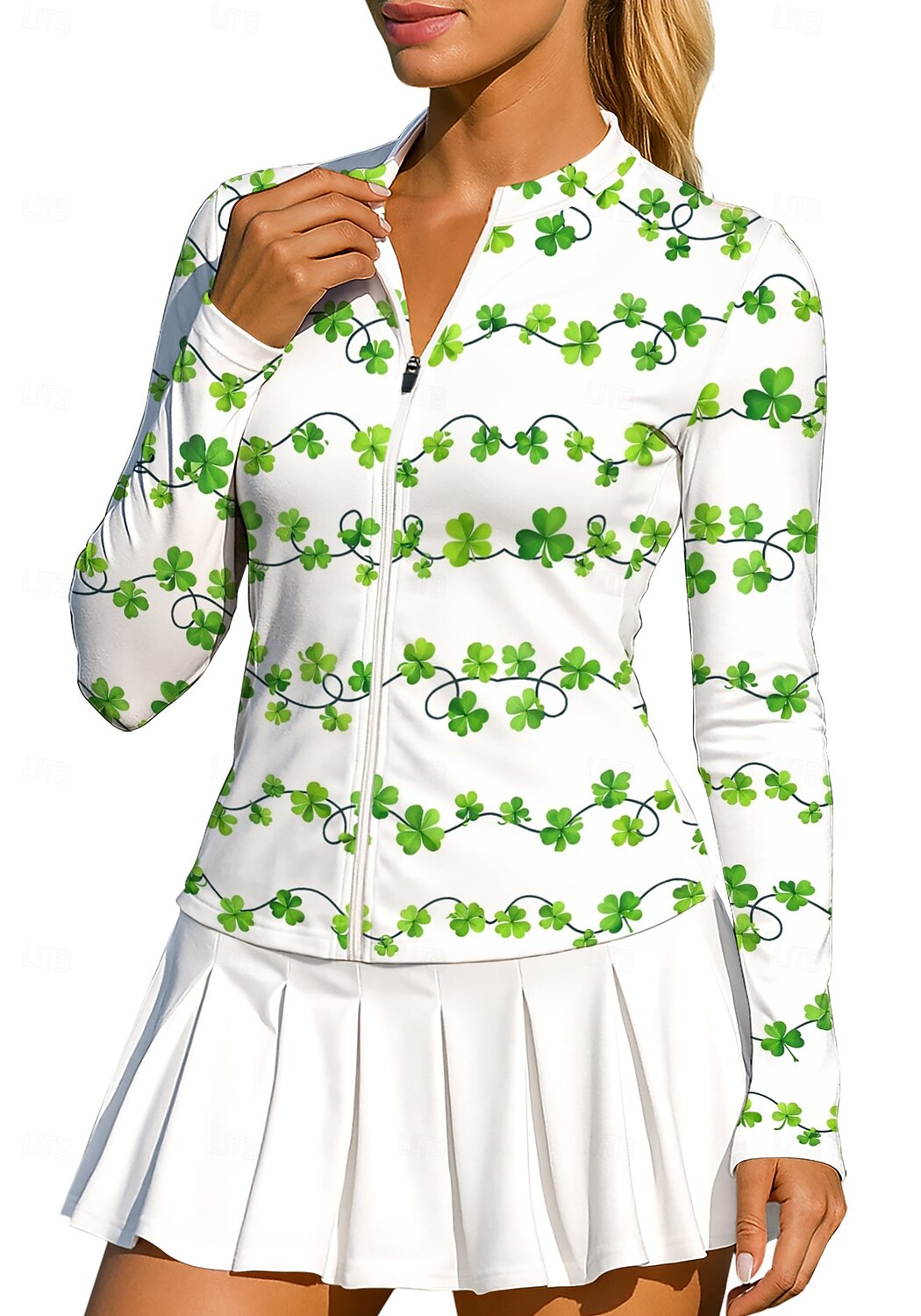 Svatý Patrik Dámské Květiny Trávová zelená Topy Sportovní košile Tenisové tričko Tenisový top Dlouhý rukáv Zip UPF50+ Odolná proti UV záření Vysoká pružnost Odvod vlhkosti Prodyšné Volejbal Tenis Golf 2026 - $20.99 –P1