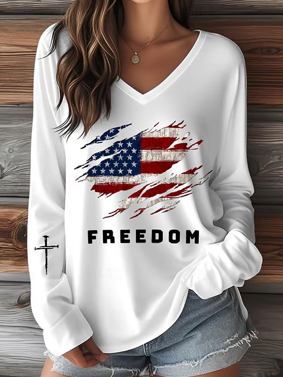 Unabhängigkeitstag Patriotische Damen T-Shirt Grafik Buchstabe Vintage Stilvoll Klassisch Langarm V-Ausschnitt Reguläre Oberteile Täglicher Druck Blau Schwarz Weiß Rot Sommer Frühling Herbst Winter 2026 - $24.99 –P1