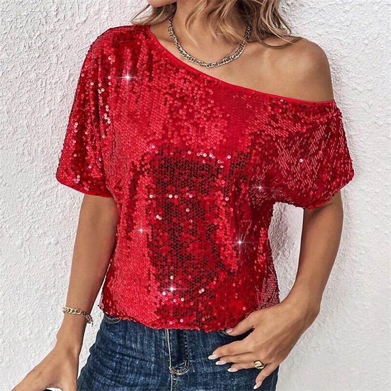 Damen Sommeroberteile Bluse Elegante Oberteile Pailletten-Oberteile Gerafft Pailletten Patchwork Einfarbig Einfach Elegant Vintage Damen Kurzarm Schulterfrei Normale Oberteile Täglich Arbeit Ausgehen 2026 - $11.49 –P7