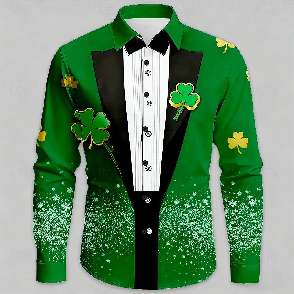 St. Patrick's Day Men's Clover Faux Collar and Suit Design Shirt Button Up Shirt Long Sleeve Fashion Casual Party Holiday Spring Fall Turndown 3D Print Collared Shirts Yellow Purple Orange Green 2026 - $25.99 –P1