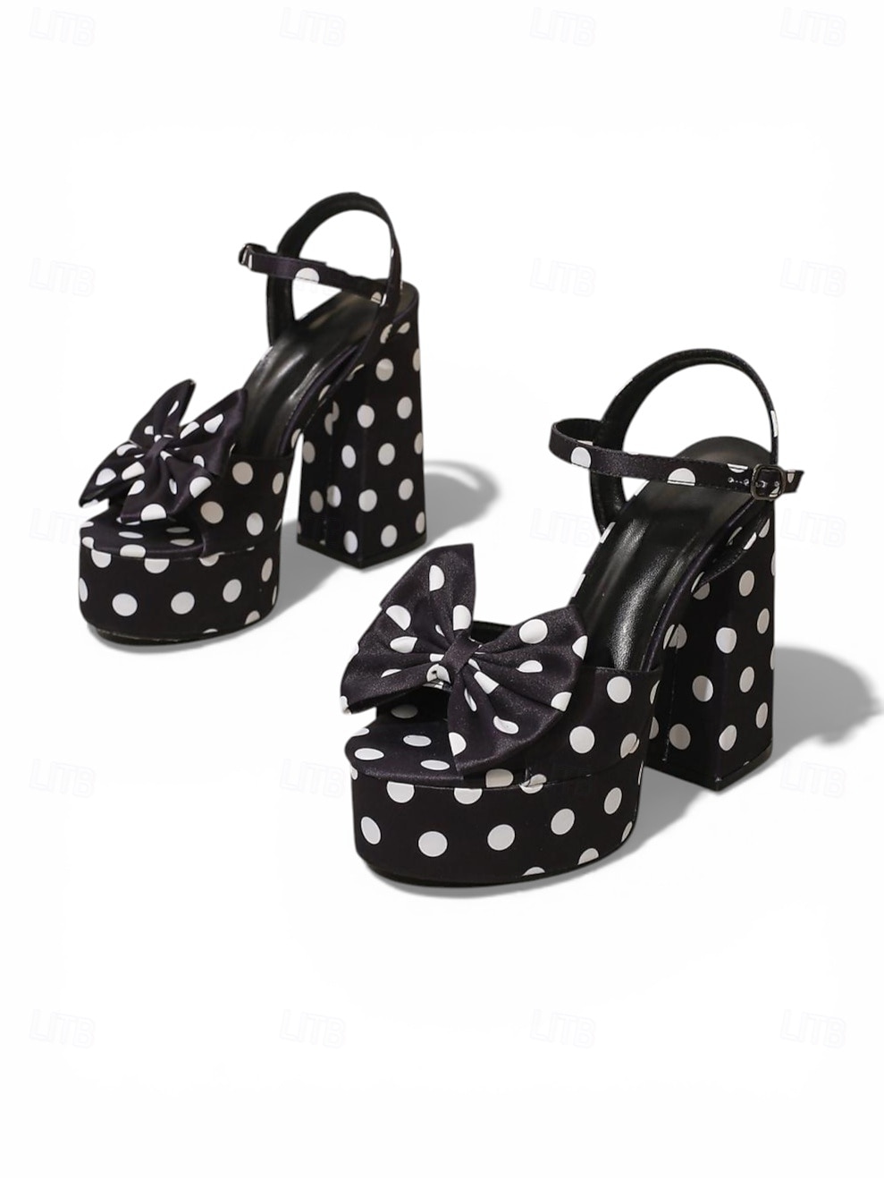Sandalias de plataforma con lunares negros para mujer: sandalias de tacón alto grueso con tiras en el tobillo y punta abierta con lazo retro para fiestas nocturnas y clubes. &eventos nocturnos 2026 - $59.99 –P1