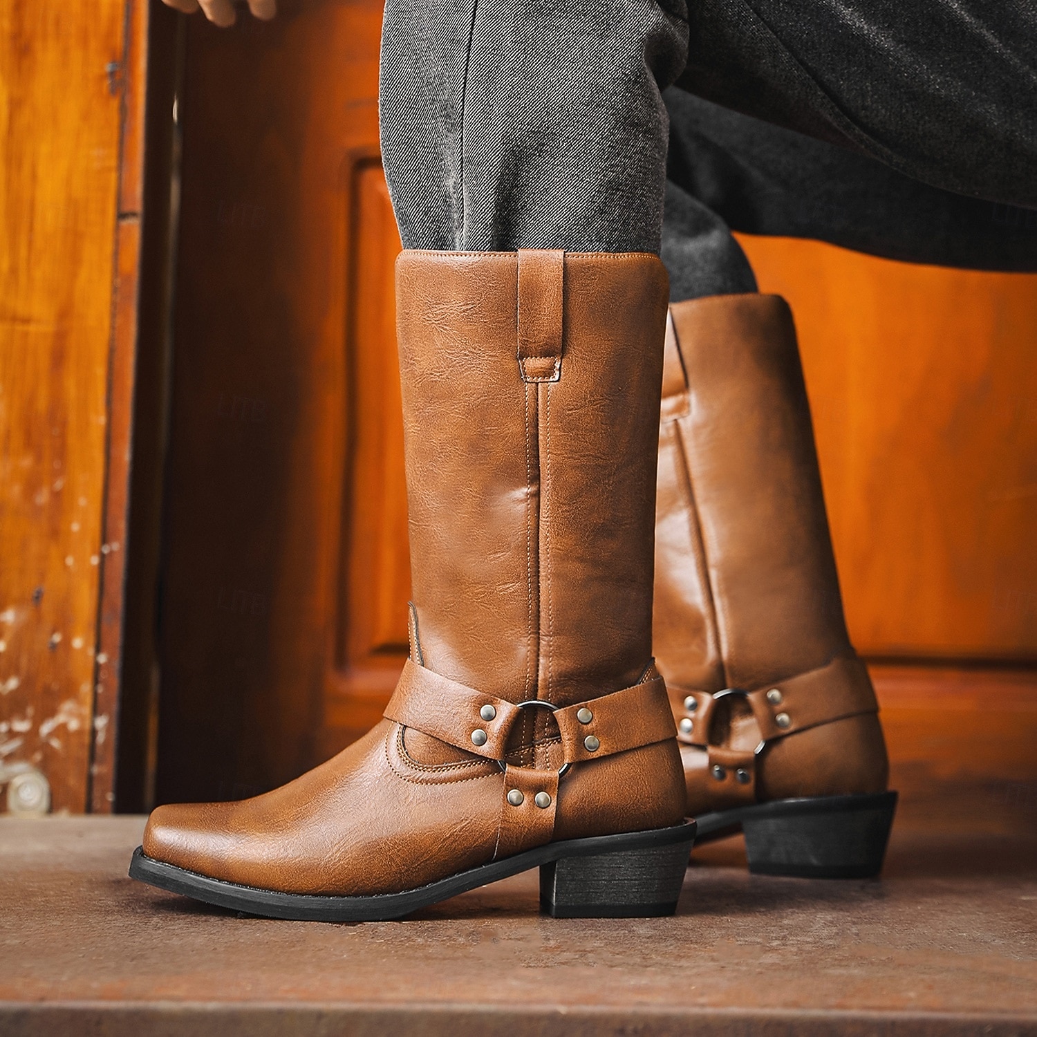 Herre Støvler Cowboy Western støvler Retro Gange Fritid Daglig PU Bekvem Støvletter Tøfler Mørkebrun Gulbrun Svart Vår Høst 2026 - $64.99 –P4