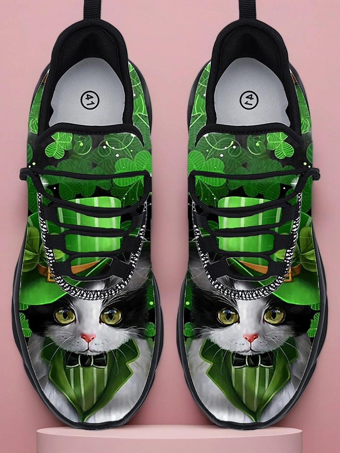 Herrsneakers med St. Patrick's Day-tema – grönt shamrock- och kattmönster, bekväma, perfekta för St. Patrick's Day-fester och roliga evenemang 2026 - $42.99 –P1