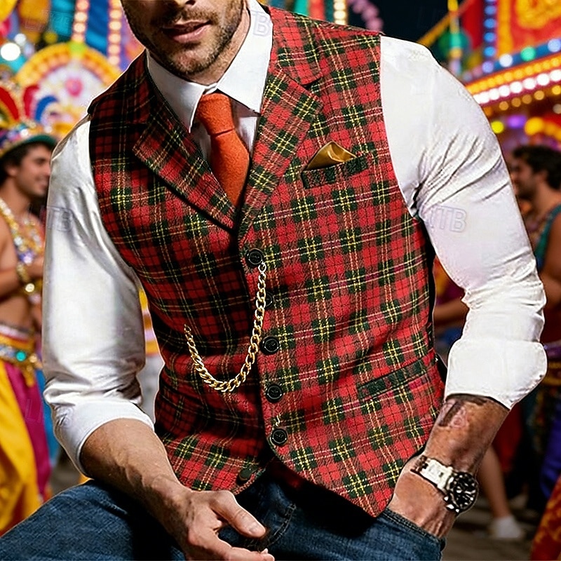 Homens Colete Gilet Férias Carnaval Festa Moda Roupa de rua Primavera Outono Botões Polyester Respirabilidade Xadrez Não Trespassado Decote V Moderno Vermelho Colete de 2026 por $44.99 –P1