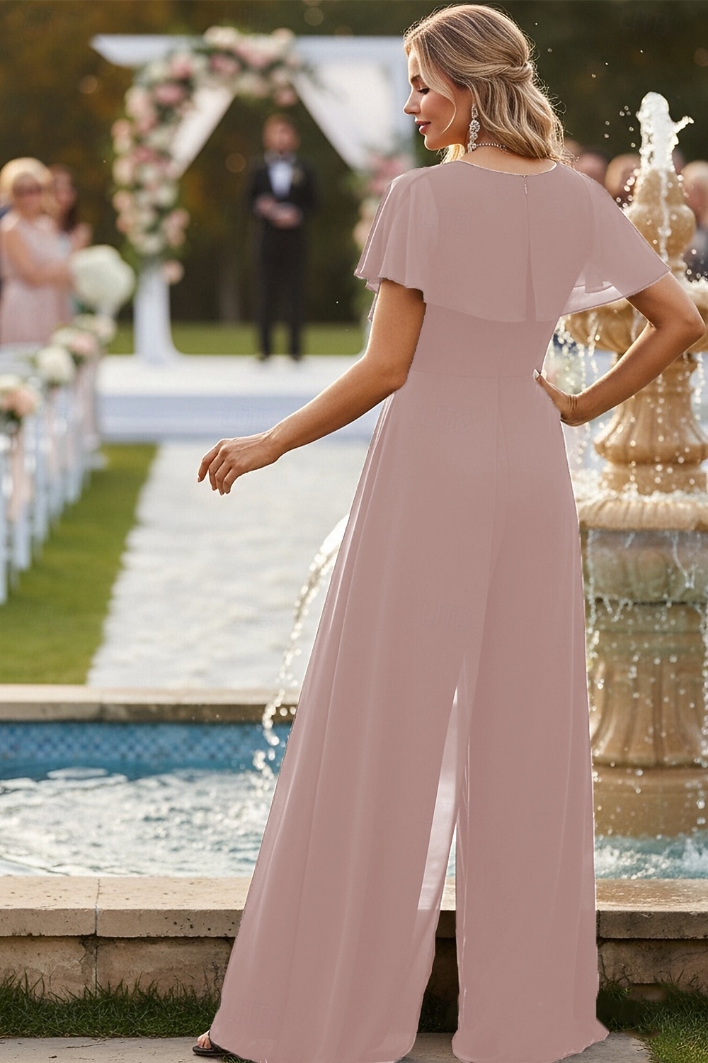 Overalls Bodenlang Brautmutterkleid Kurzarm V Ausschnitt Elegant Einfach Hochzeitsgast Verlobungsfeier Chiffon mit Rüschen Seitlich drapiert 2026 - $160.99 –P2